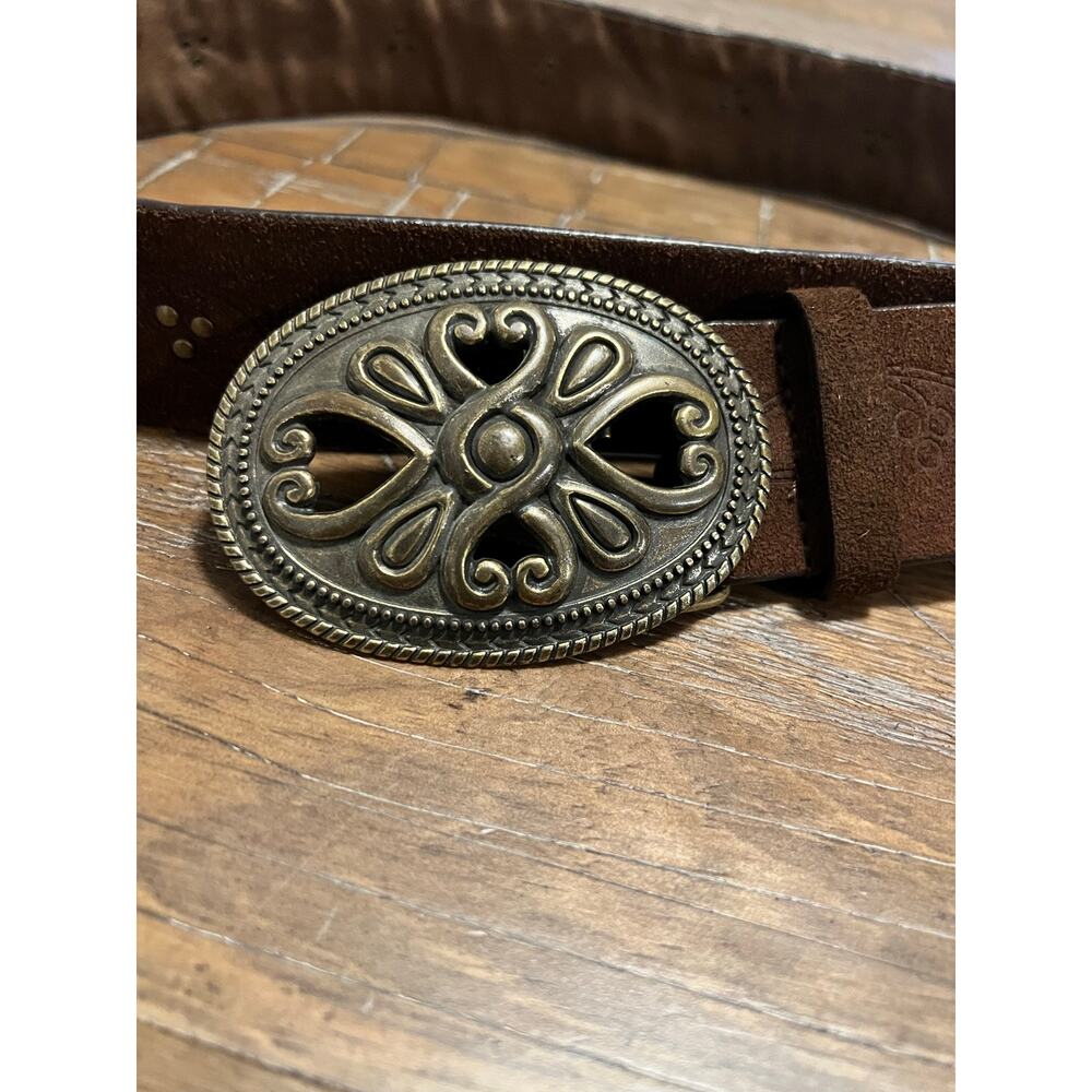 Brown Leather Belt with Unique Belt Buckle Size Large Studded Etched Strap Boho - Picture 2 of 7